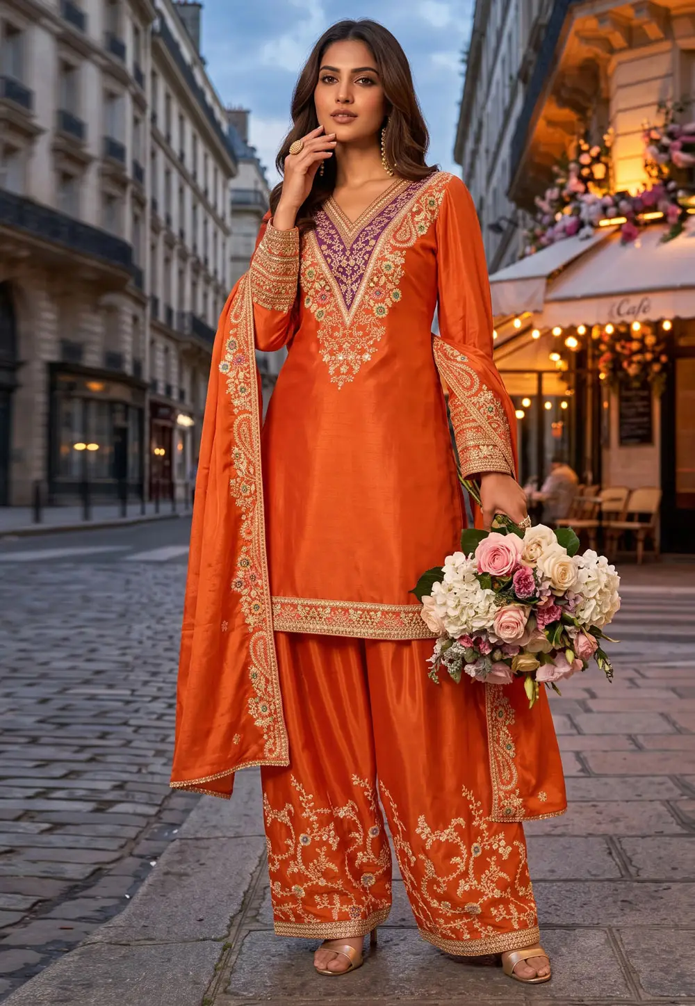 Orange Chinon Readymade Palazzo Suit 333577