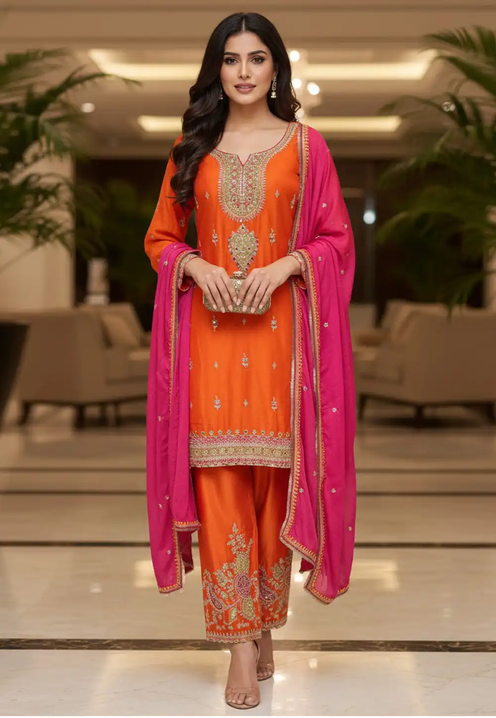 Orange Chinon Readymade Pant Style Suit 330407