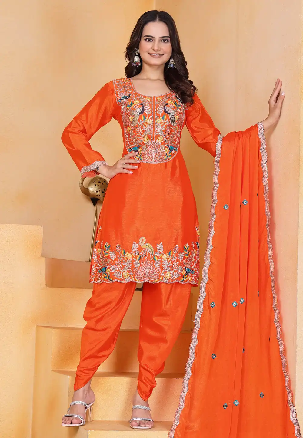 Orange Chinon Readymade Punjabi Suit 317801