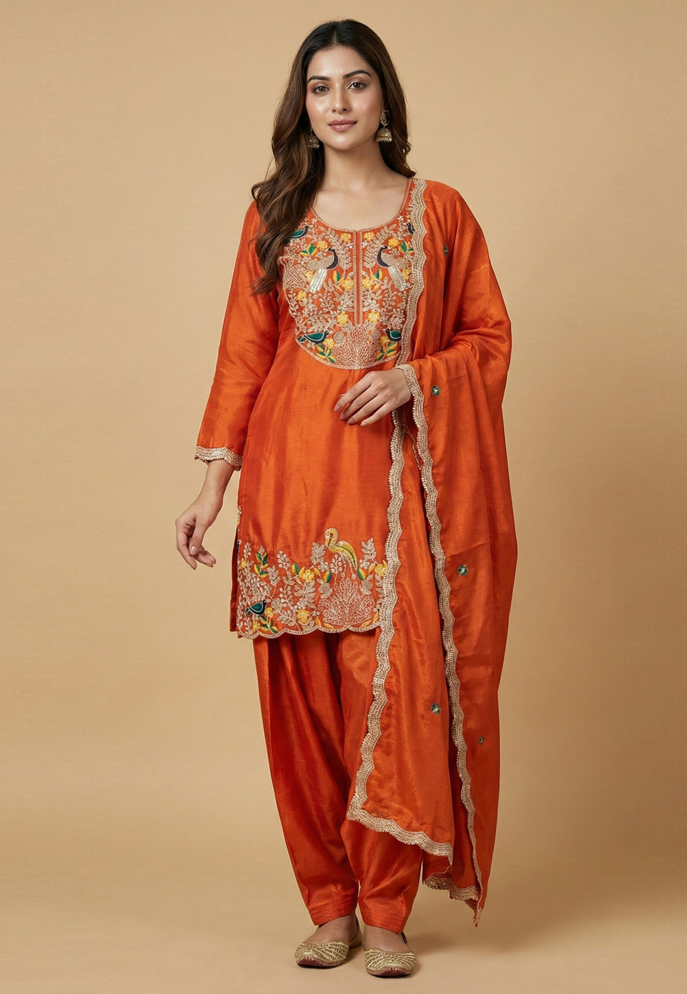 Orange Chinon Readymade Punjabi Suit 323888