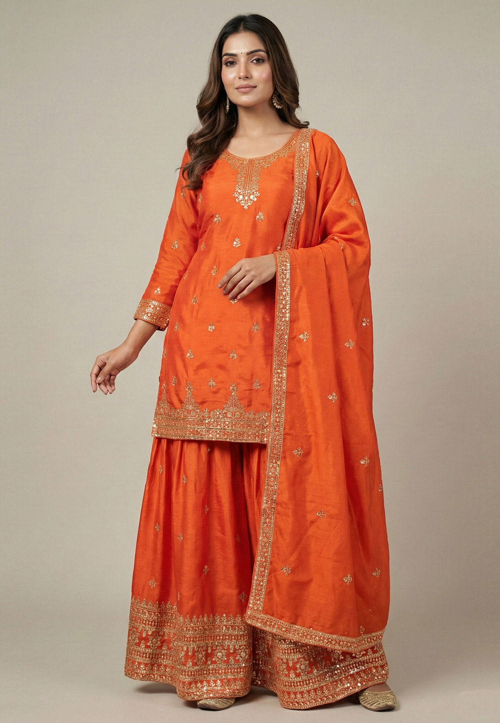 Orange Chinon Readymade Sharara Suit 323855