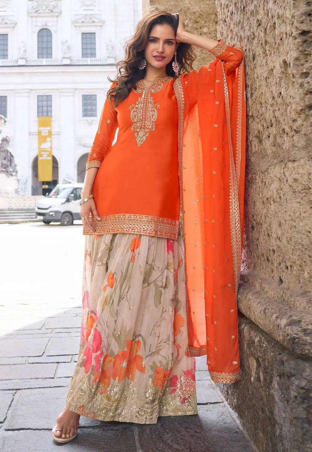 Orange Chinon Readymade Sharara Suit 315482