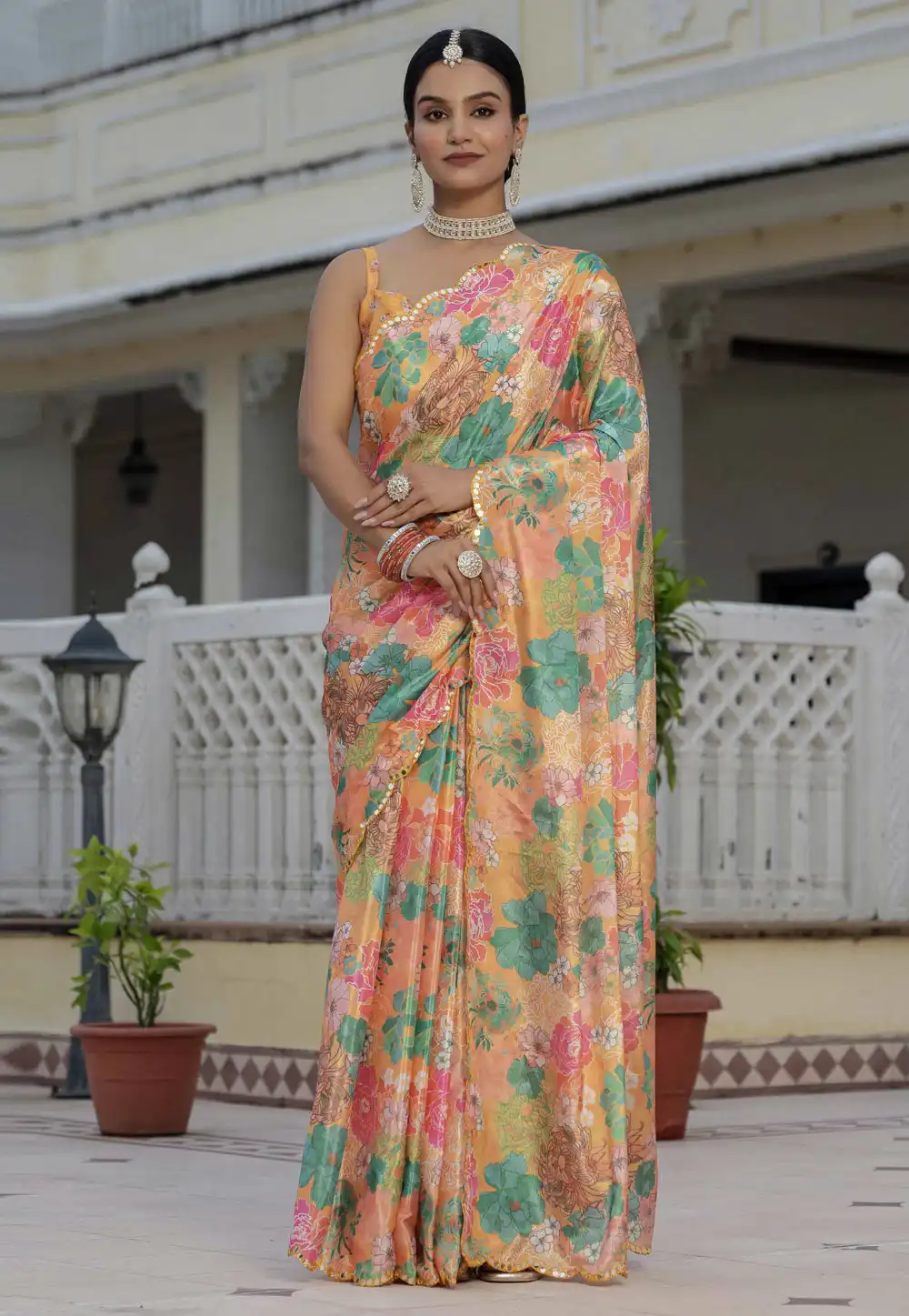 Orange Chinon Saree With Blouse 318030