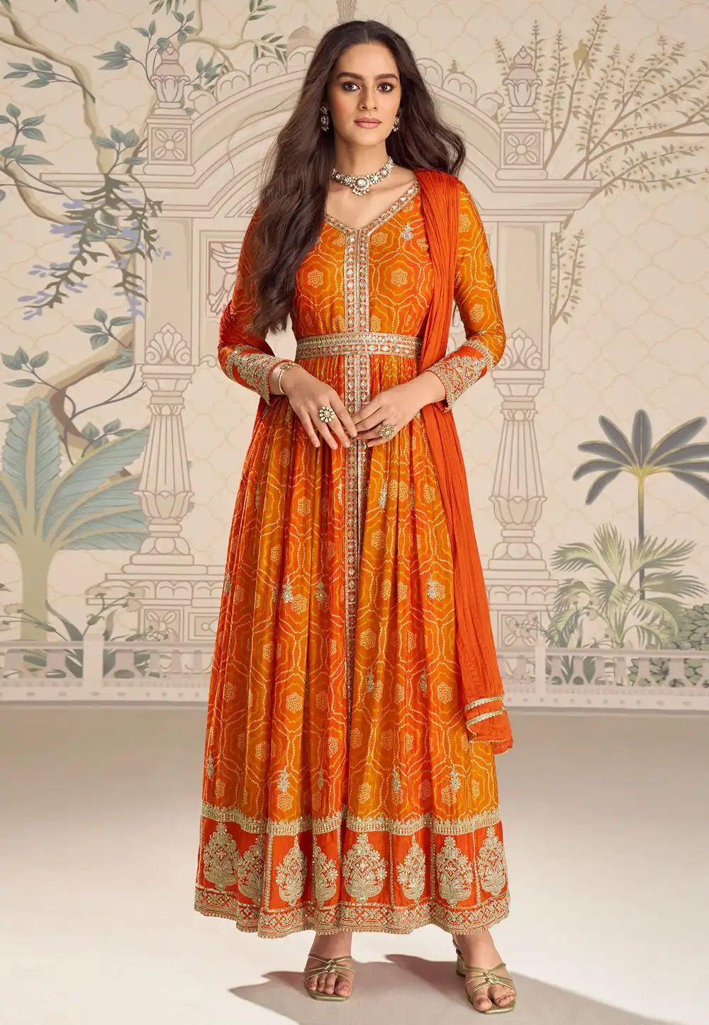 Orange Chinon Silk Anarkali Suit 326112