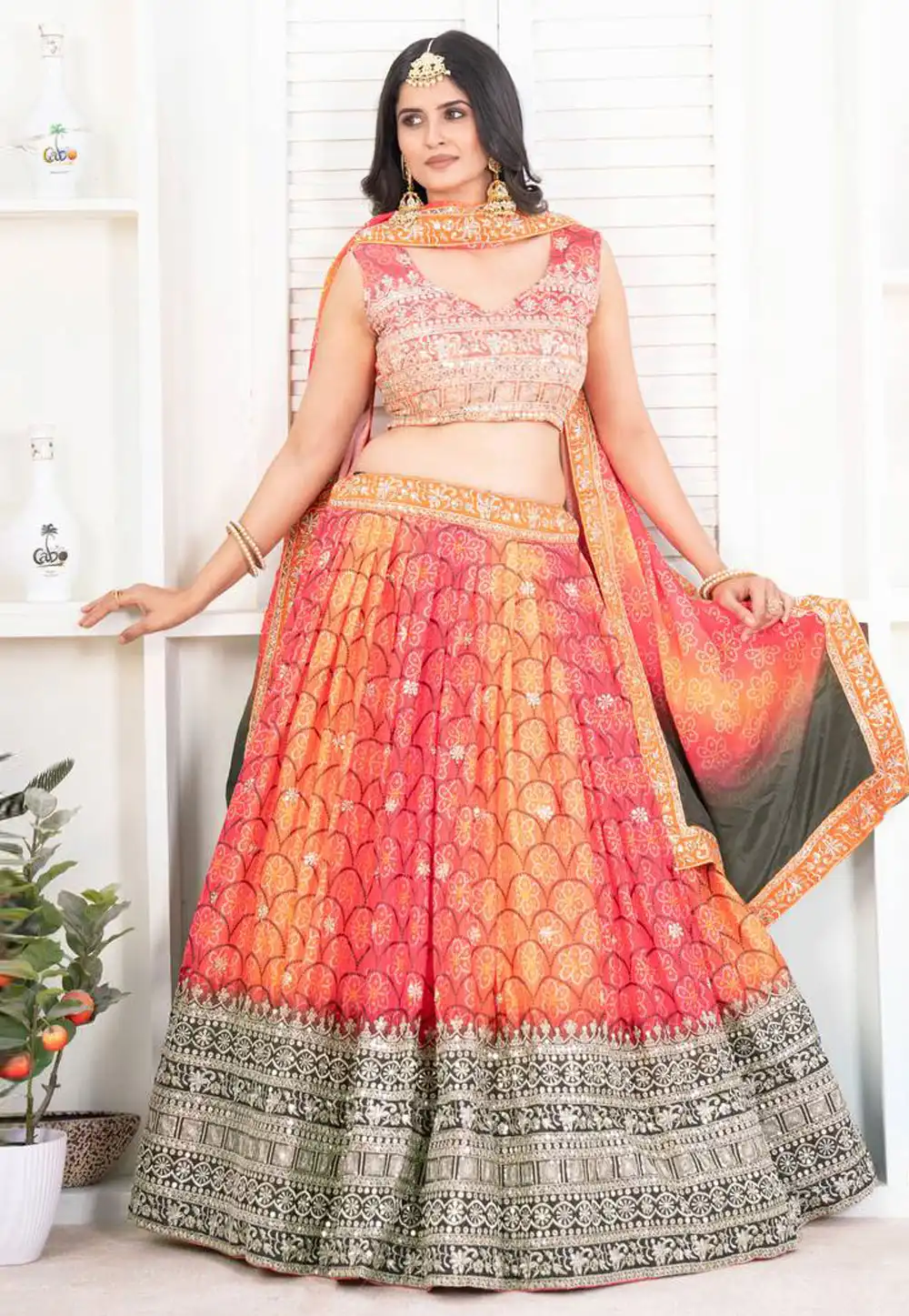 Orange Chinon Silk Circular Lehenga Choli 309948
