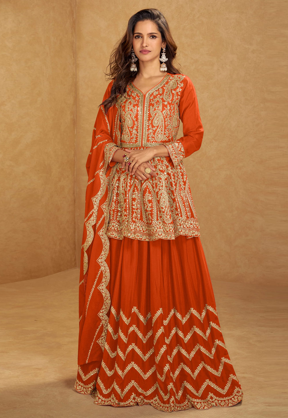 Orange Chinon Silk Indo Western Lehenga Choli 308441