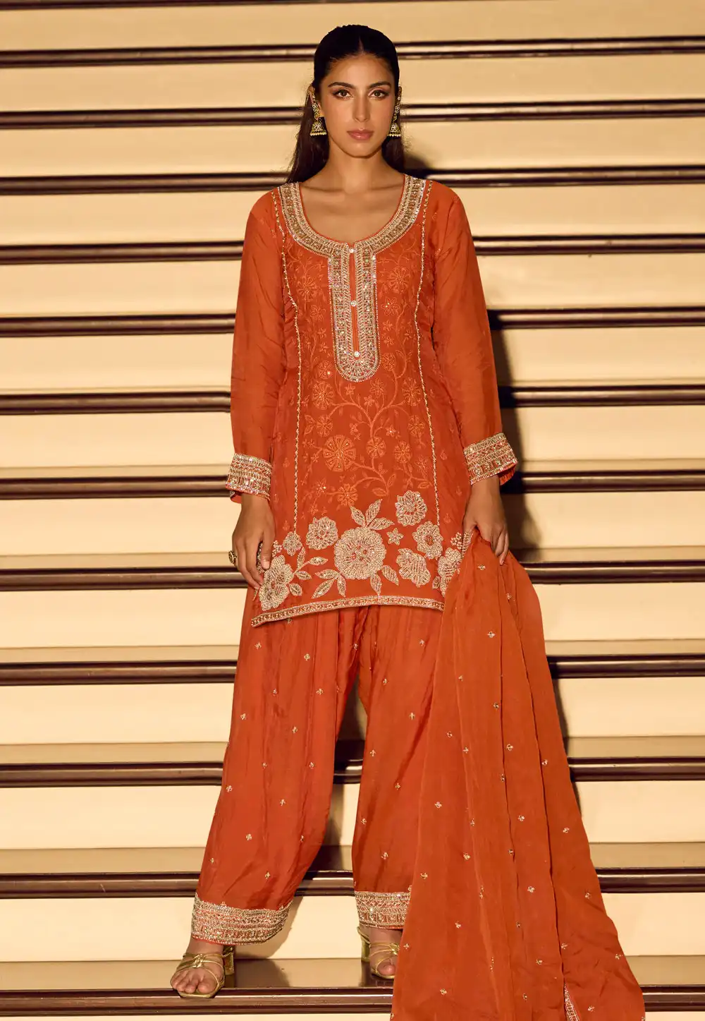 Orange Chinon Silk Pakistani Suit 322078
