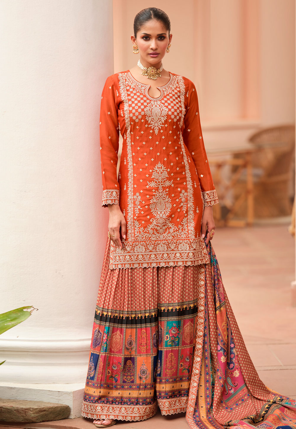 Orange Chinon Silk Pakistani Suit 324226