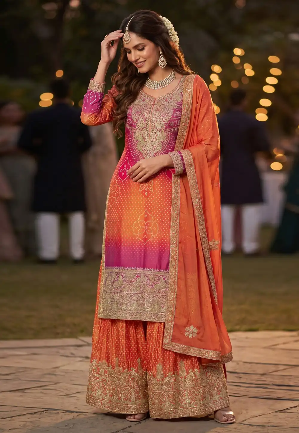 Orange Chinon Silk Pakistani Suit 328383