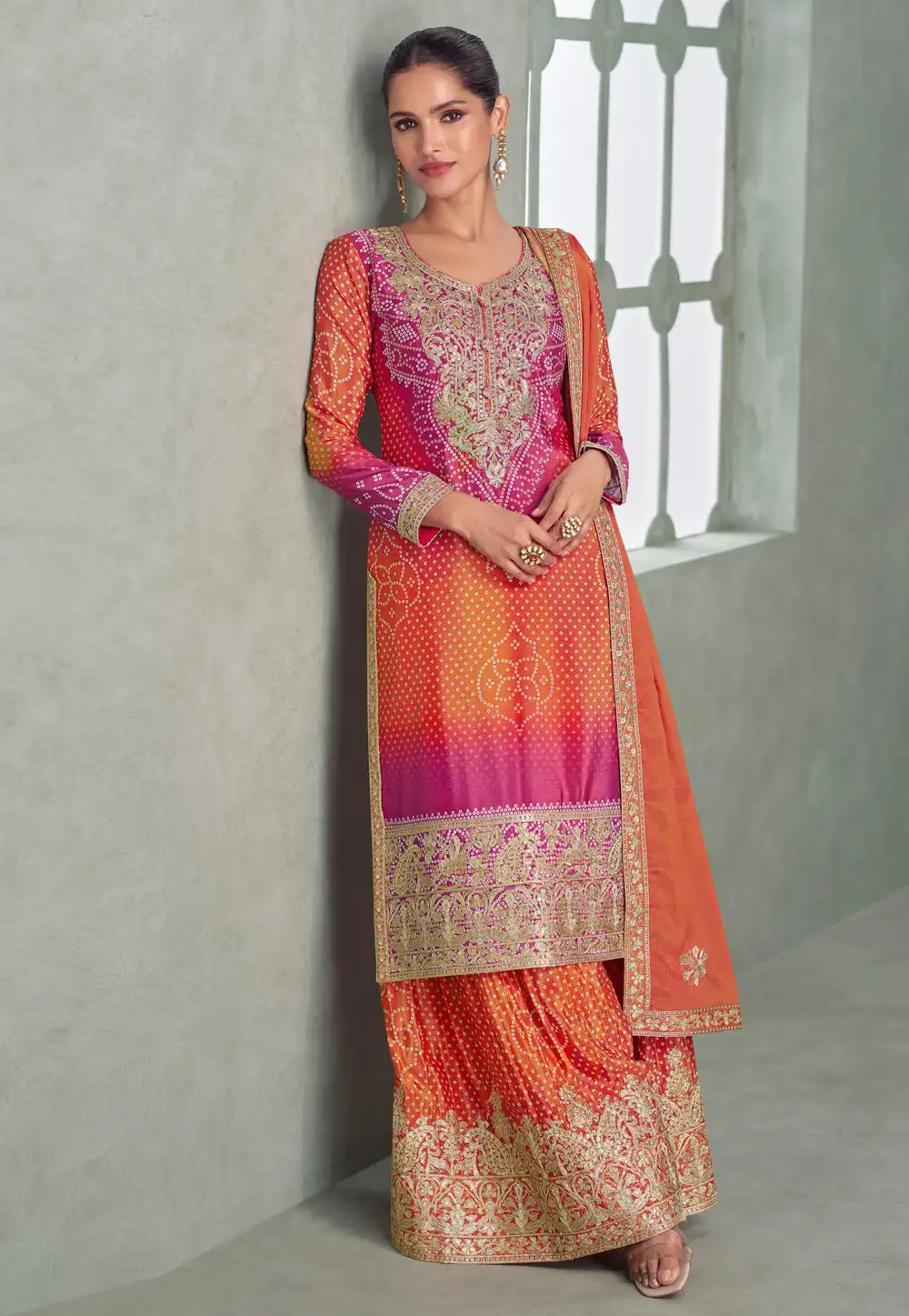 Orange Chinon Silk Palazzo Suit 318144