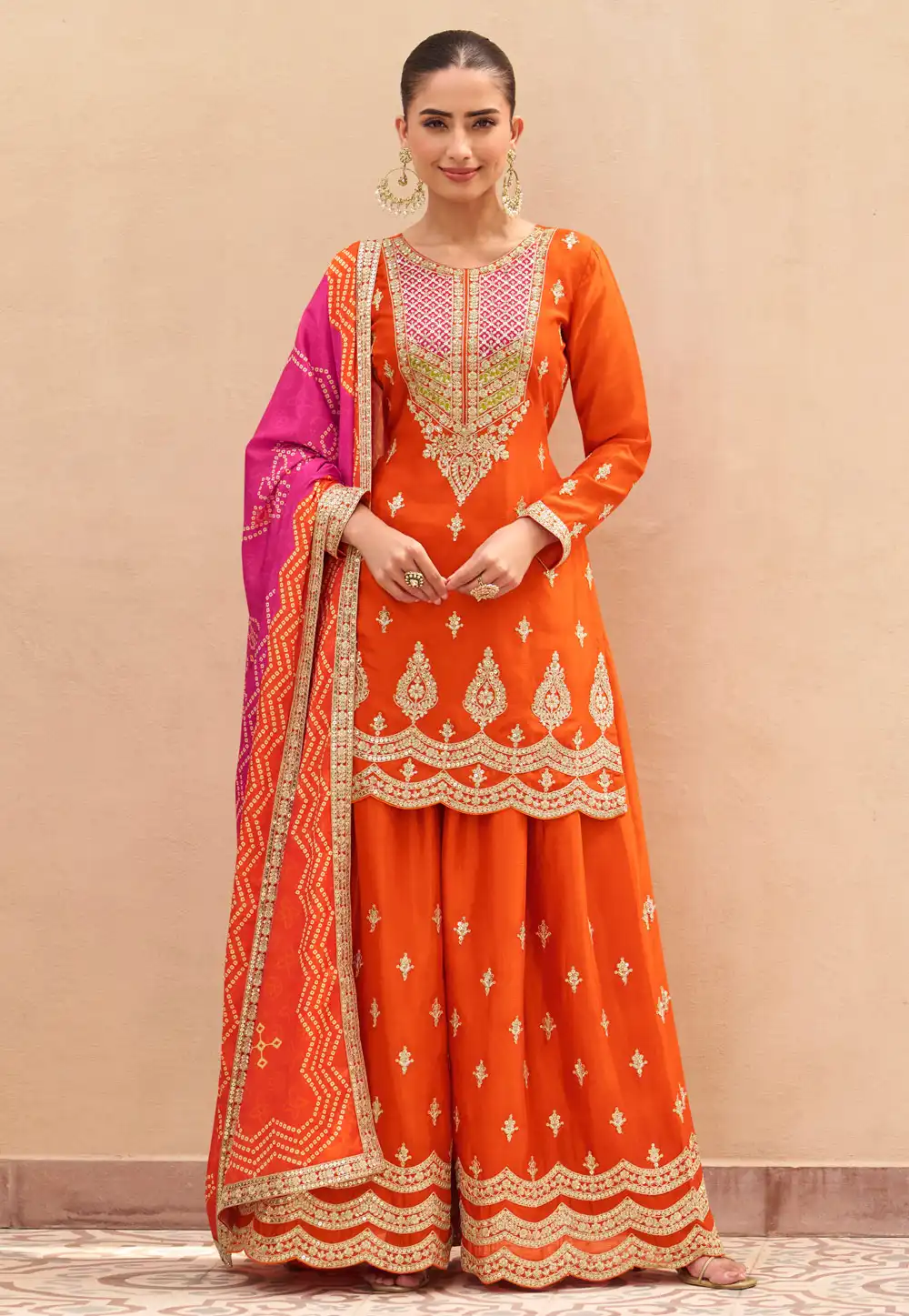Orange Chinon Silk Palazzo Suit 319243