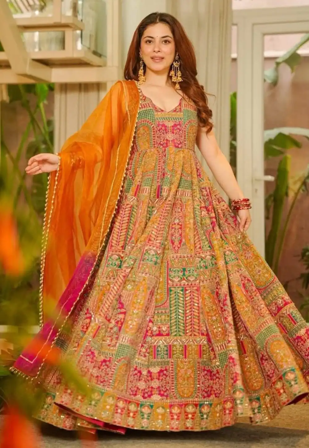Orange Chinon Silk Readymade Anarkali Suit 328959