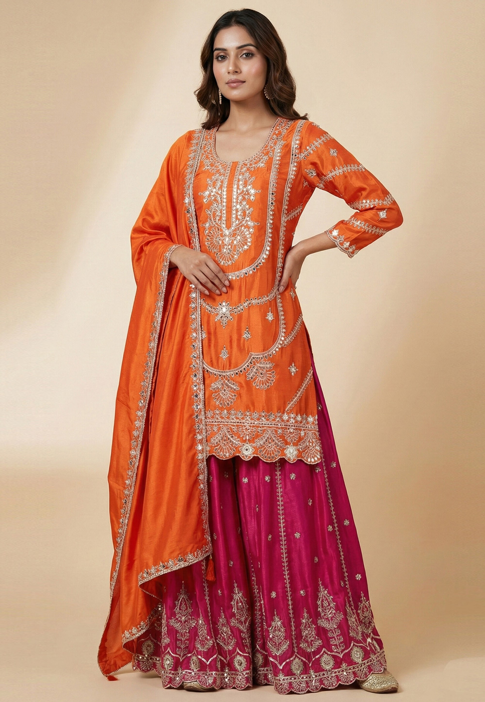 Orange Chinon Silk Readymade Gharara Suit 323285