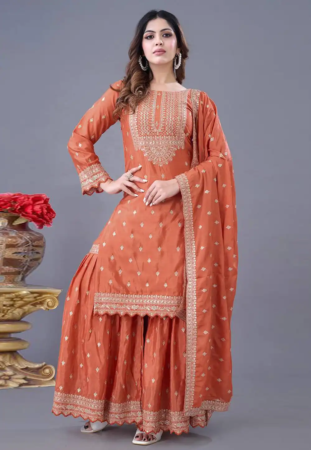 Orange Chinon Silk Readymade Gharara Suit 306917