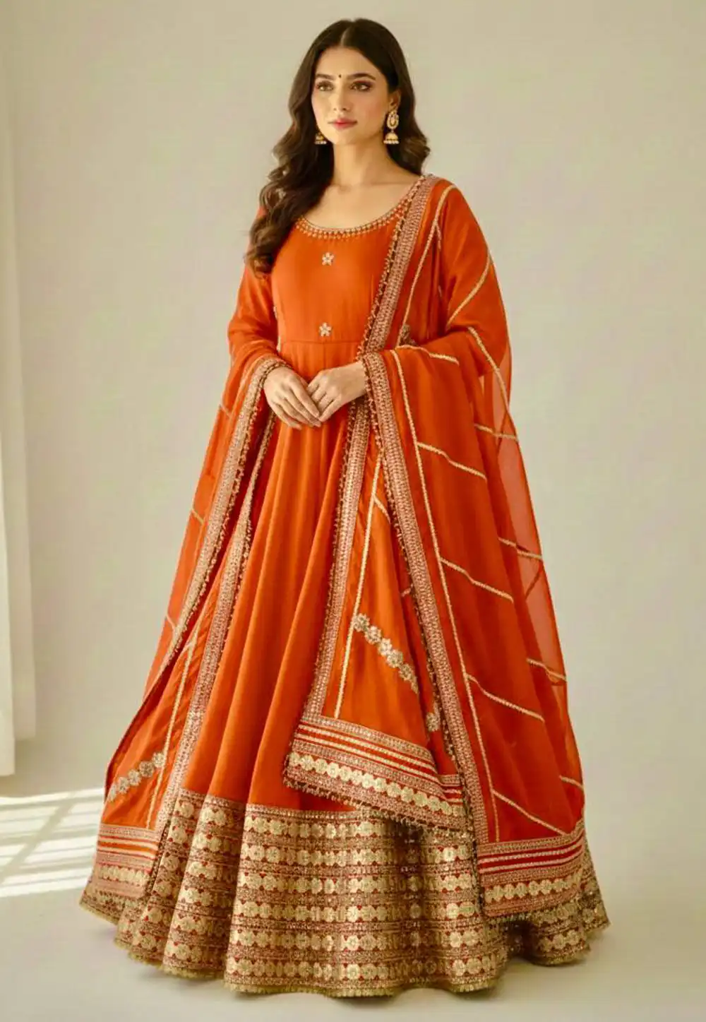 Orange Chinon Silk Readymade Long Anarkali Suit 328890
