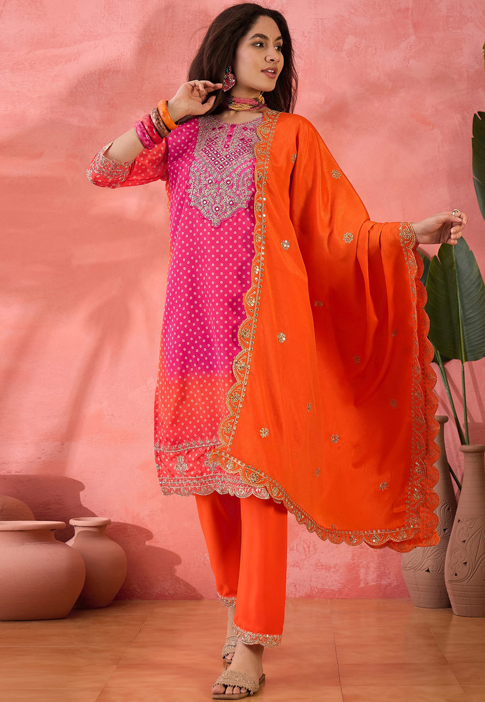 Orange Chinon Silk Readymade Pant Style Suit 308255