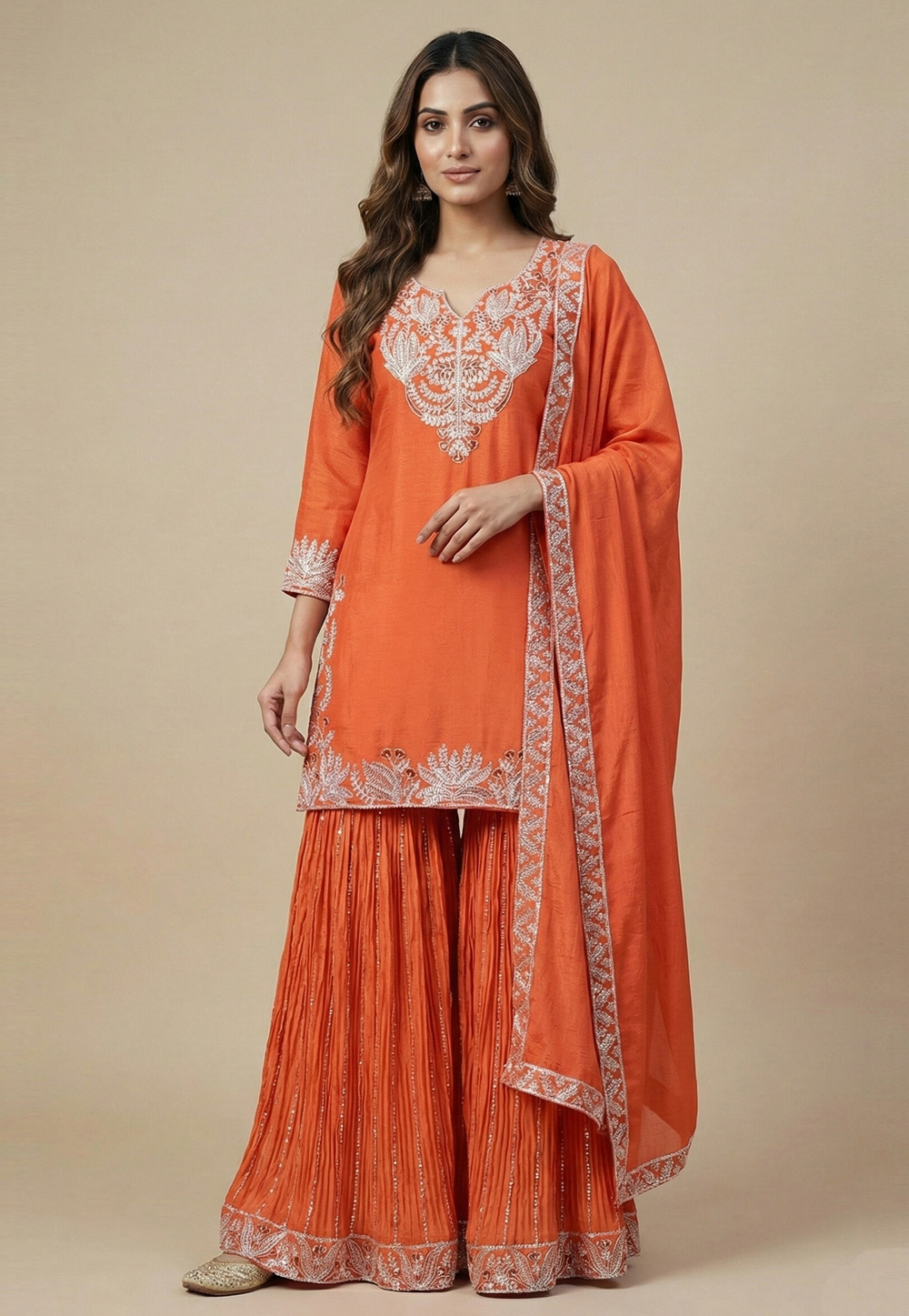 Orange Chinon Silk Readymade Sharara Suit 323278