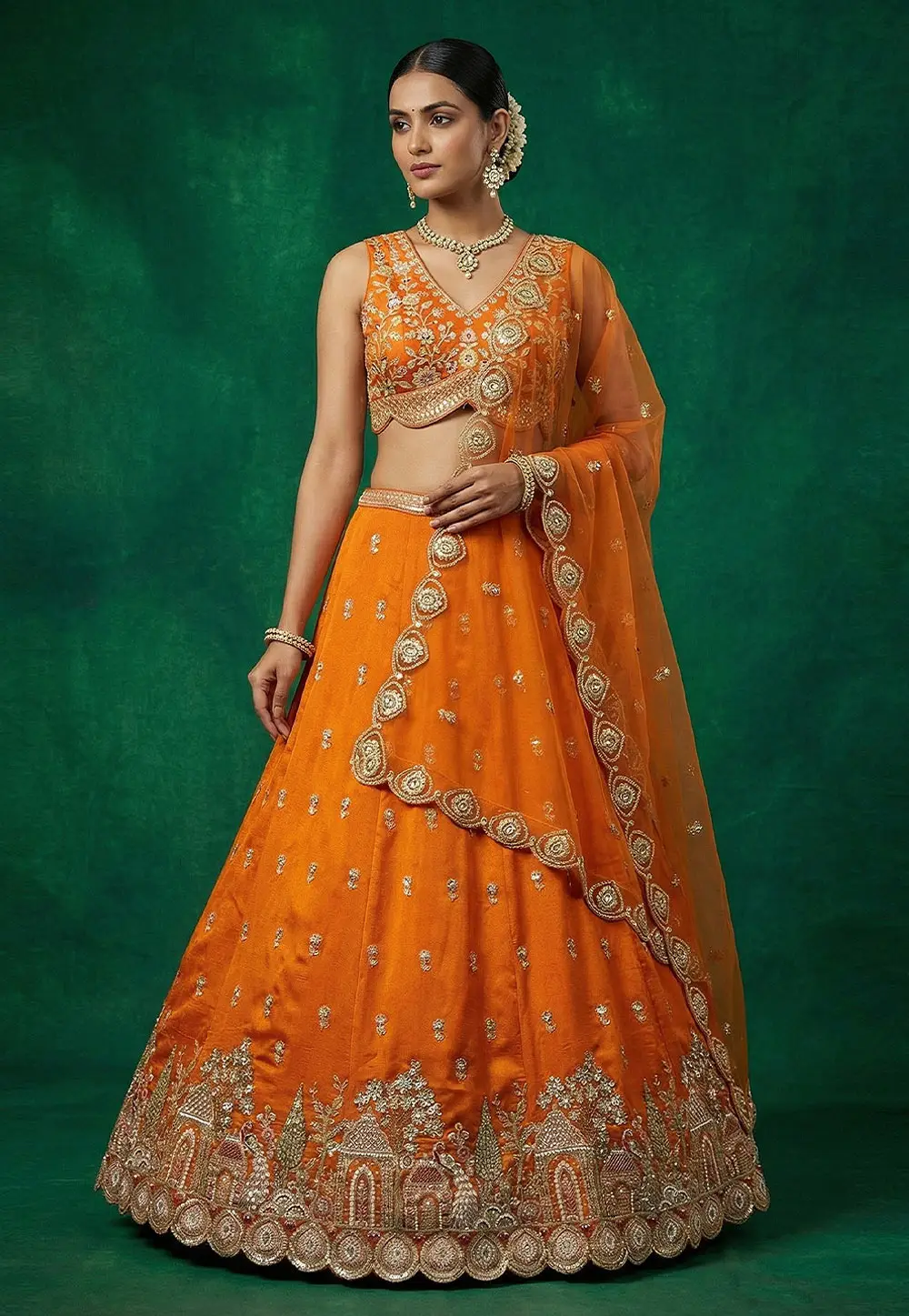 Orange Chinon Wedding Lehenga Choli 332986