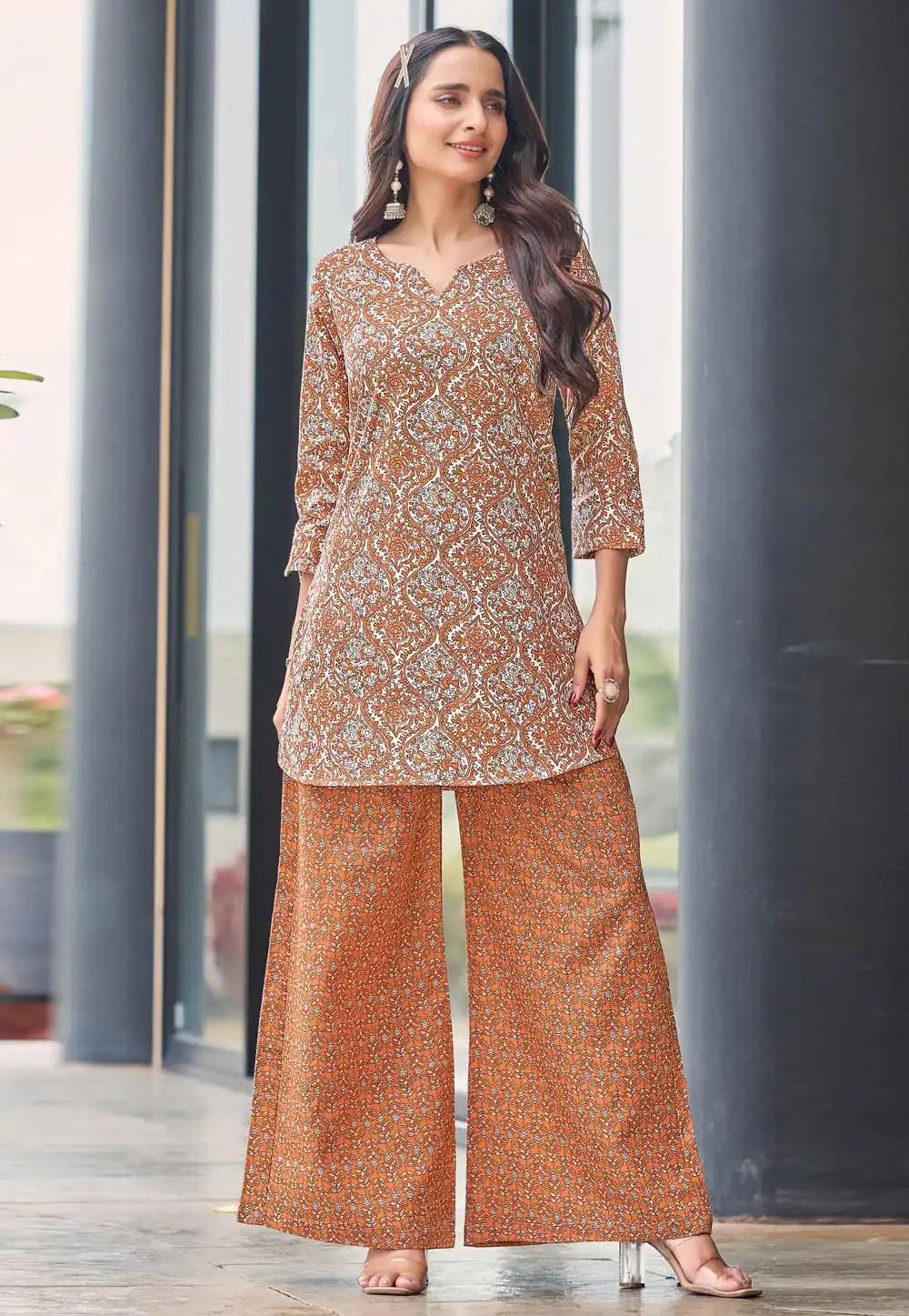 Orange Cotton Kurta Set With Palazzo 328639