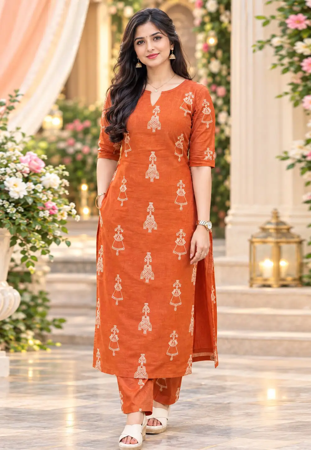 Orange Cotton Kurta Set With Pant 336233