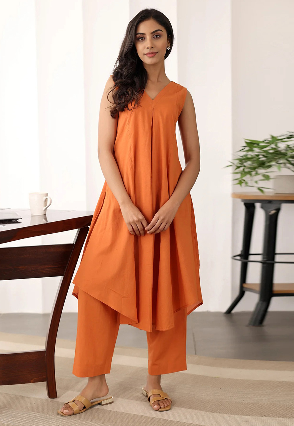 Orange Cotton Kurta Set With Pent 325891