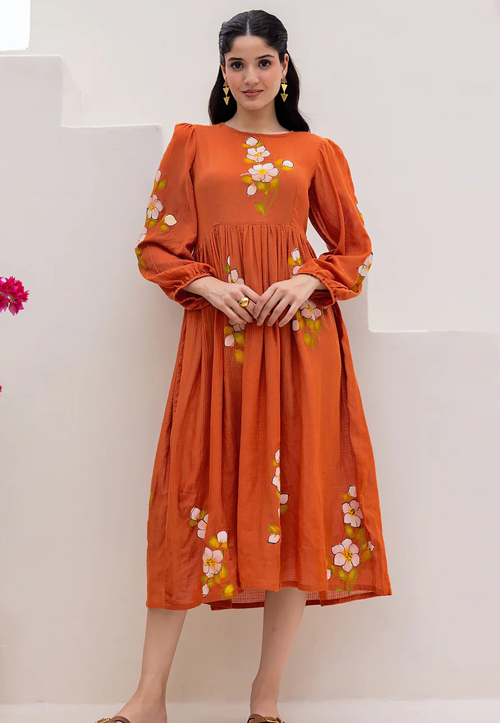 Orange Cotton Printed Gown 318018