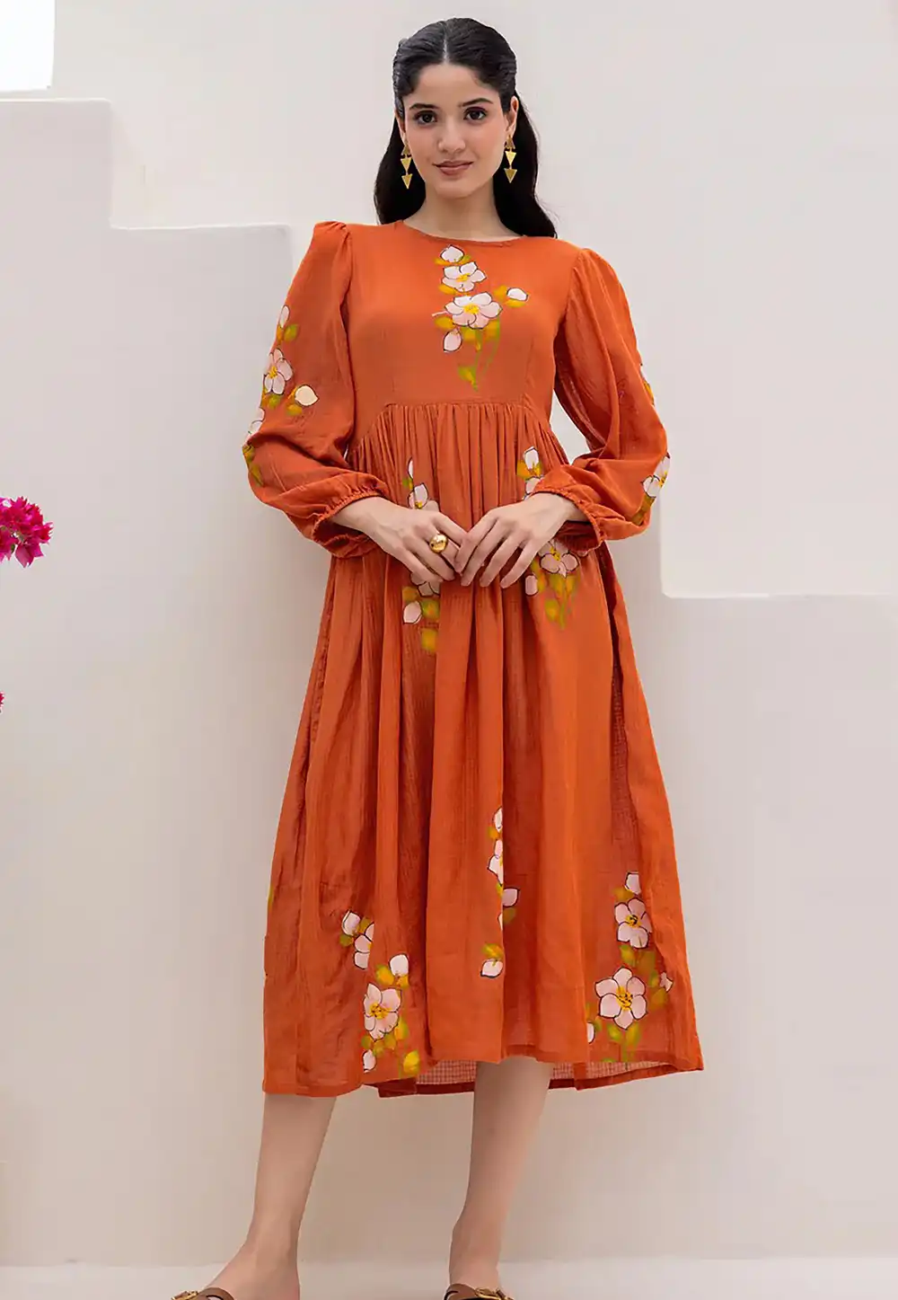 Orange Cotton Printed Gown 318018