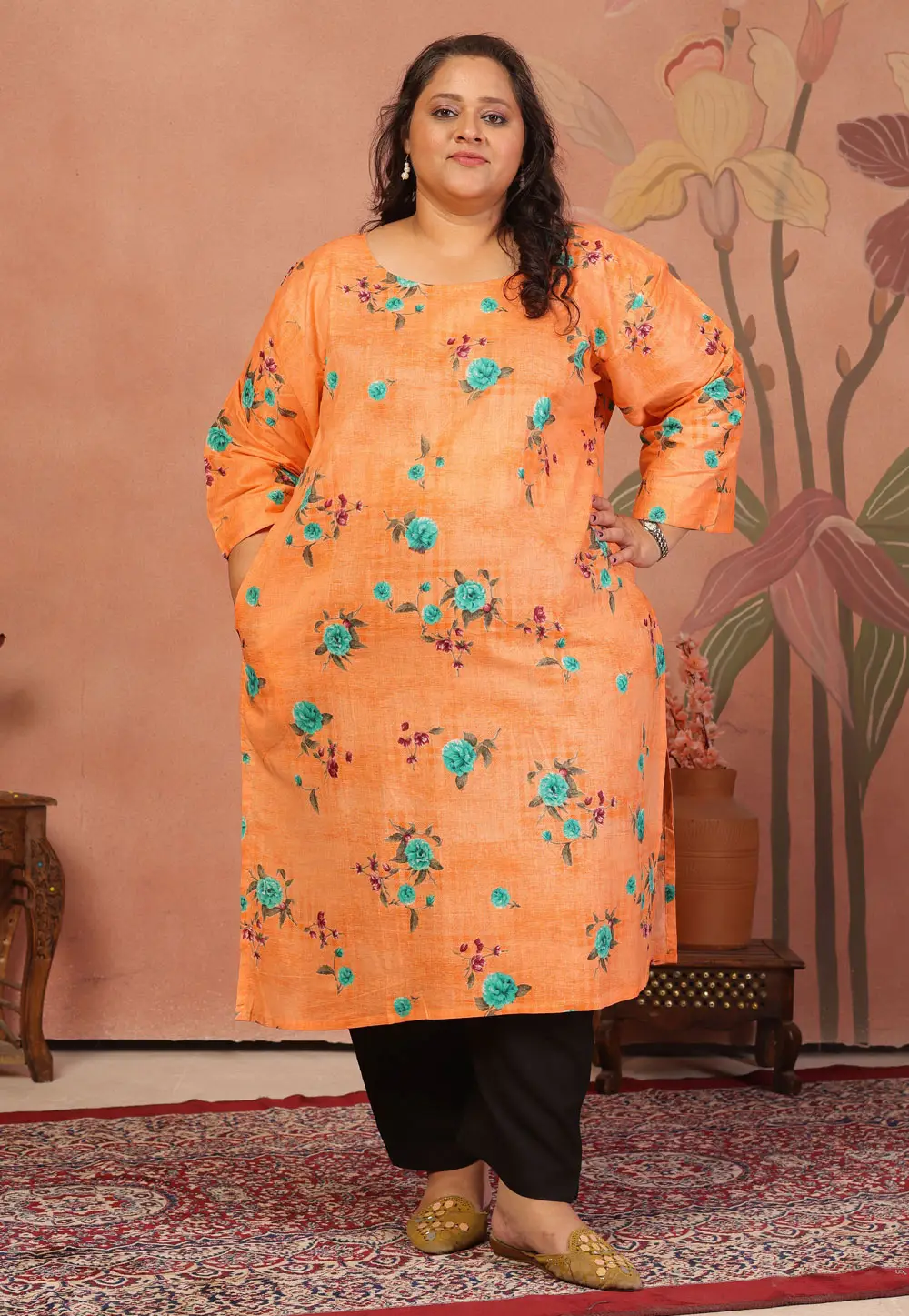 Orange Cotton Printed Long Tunic 336950