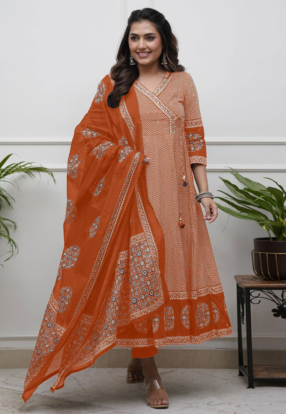 Orange Cotton Readymade Anarkali Suit 312709