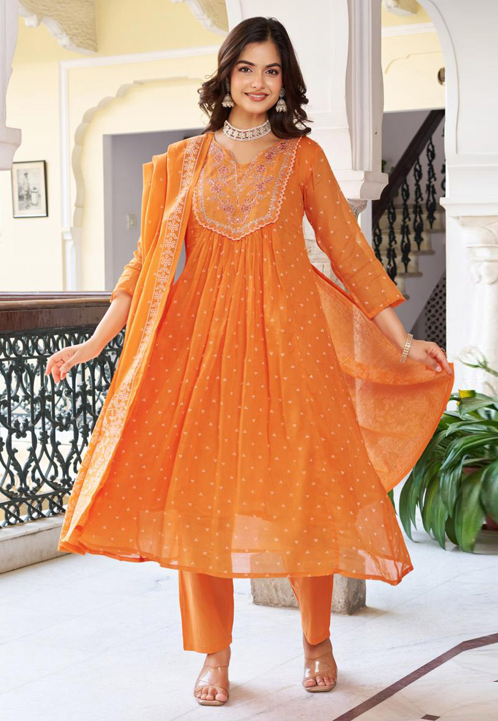 Orange Cotton Readymade Anarkali Suit 312342