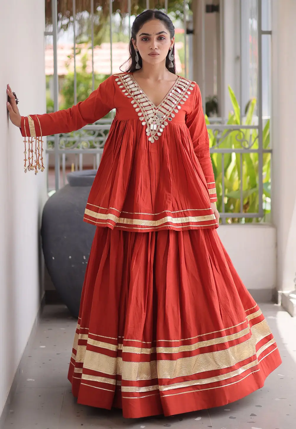 Orange Cotton Readymade Indo Western Lehenga Choli 333155