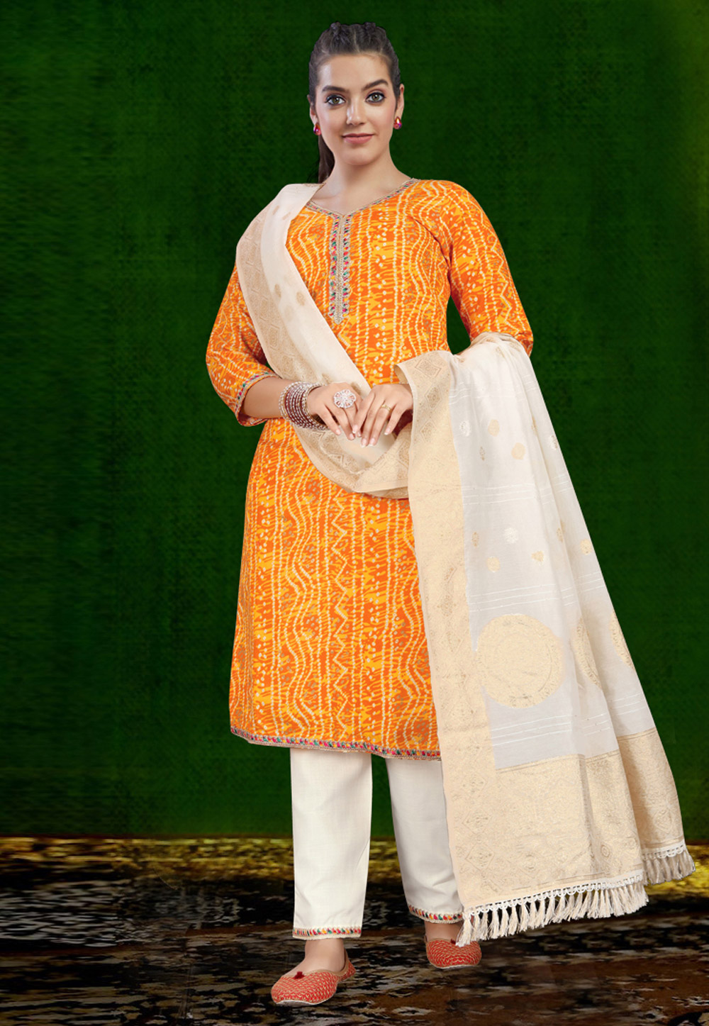 Orange Cotton Readymade Pant Style Suit 307912