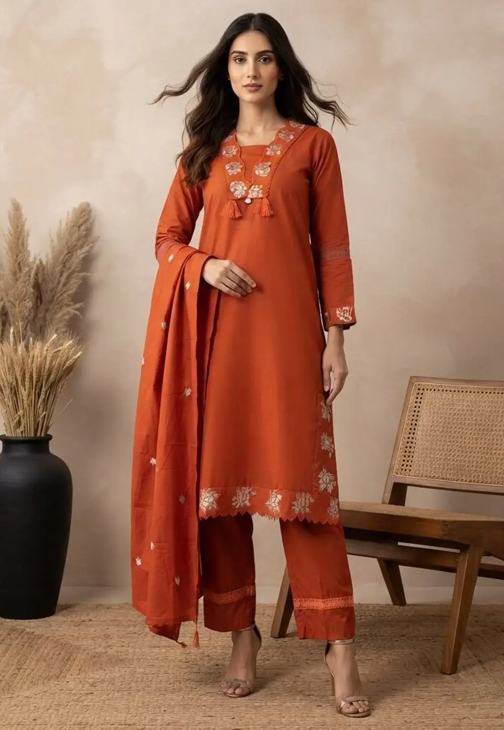 Orange Cotton Readymade Pant Style Suit 332923