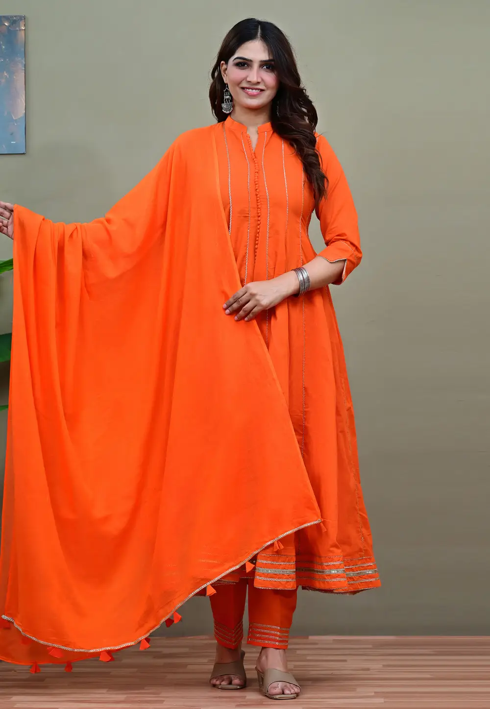 Orange Cotton Readymade Pant Style Suit 335820