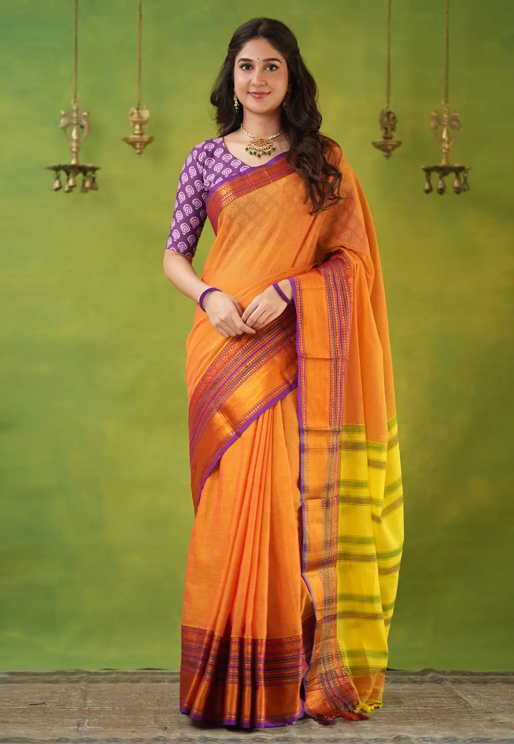 Orange Cotton Saree With Blouse 332734
