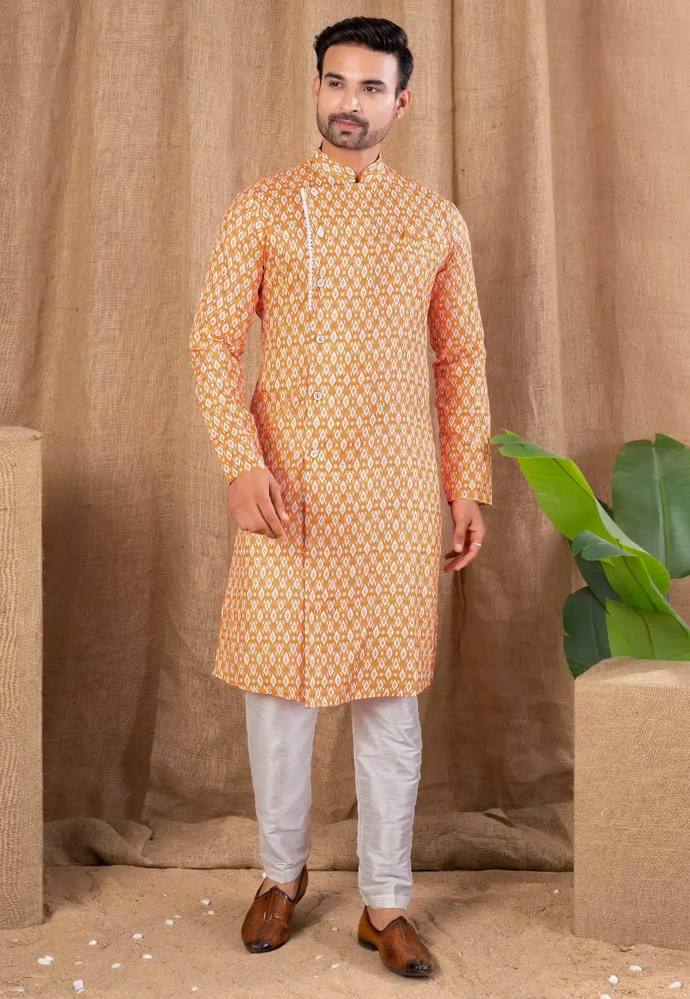 Orange Cotton Silk Indo Western Suit 316489