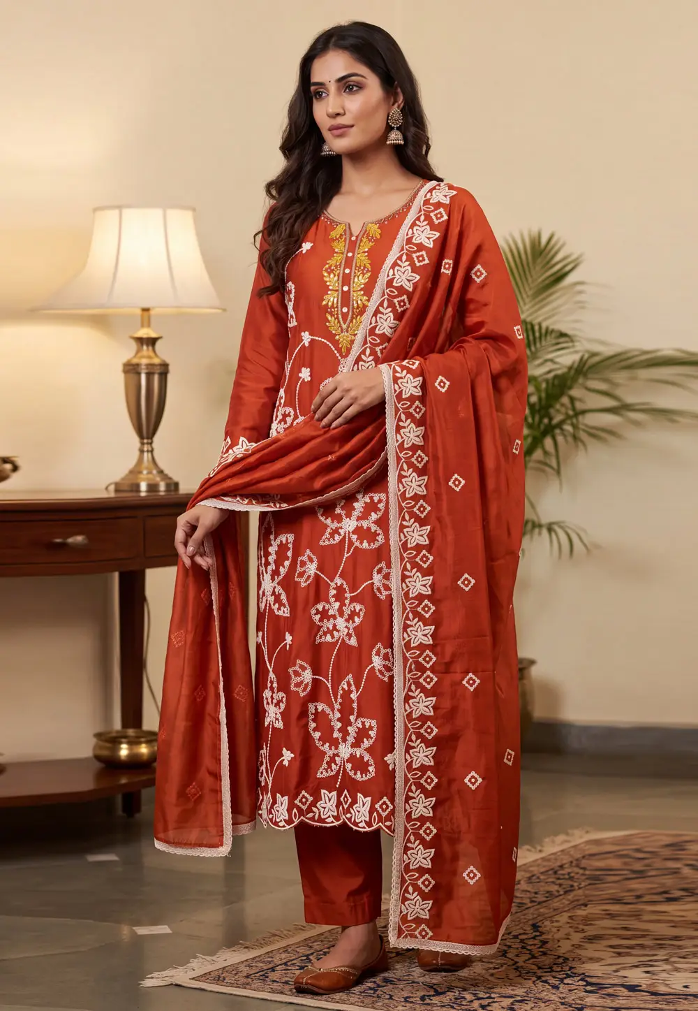 Orange Cotton Silk Pant Style Suit 336080