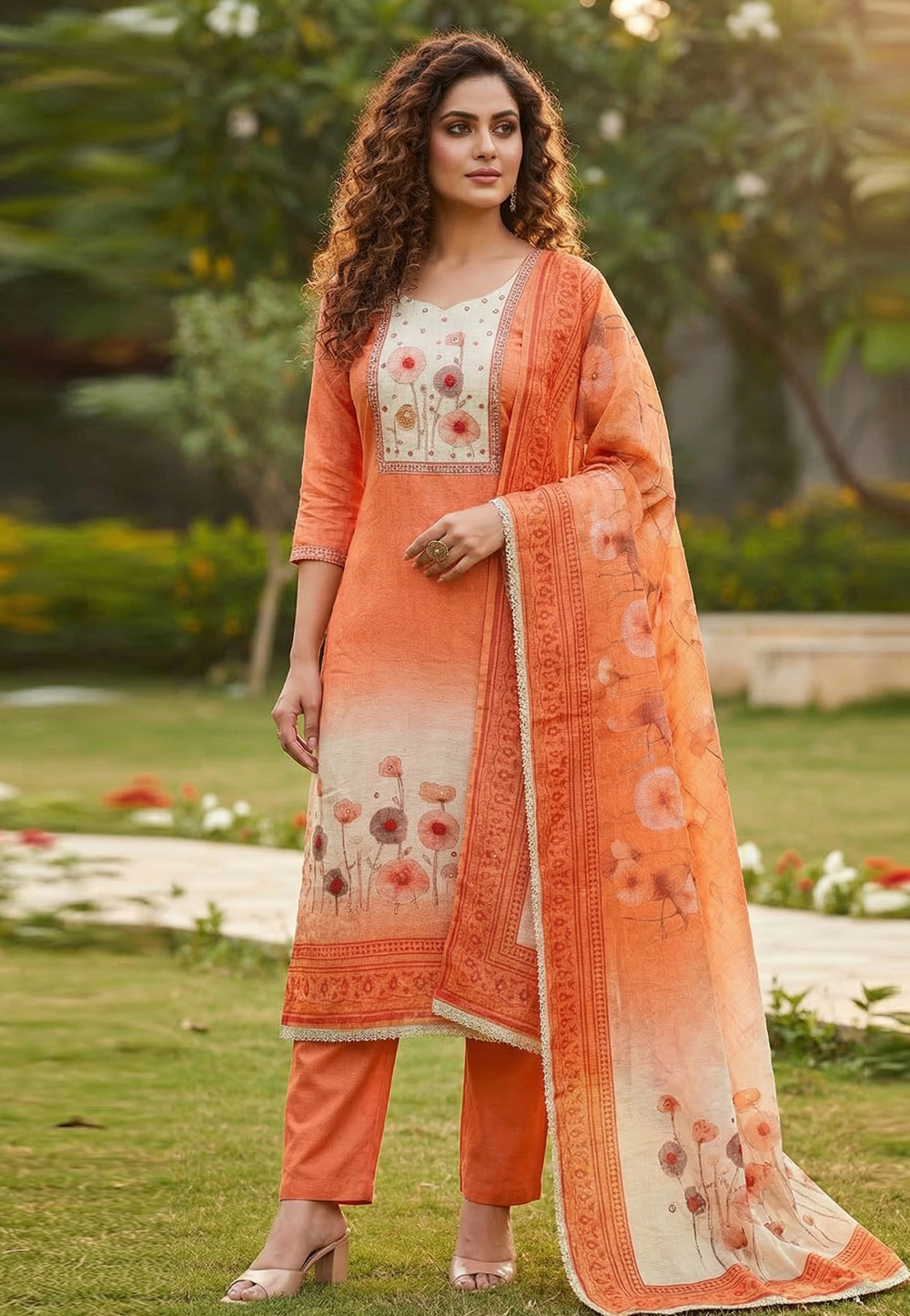 Orange Cotton Straight Suit 326477