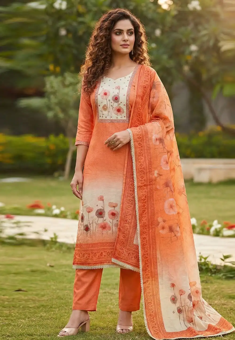 Orange Cotton Straight Suit 326477