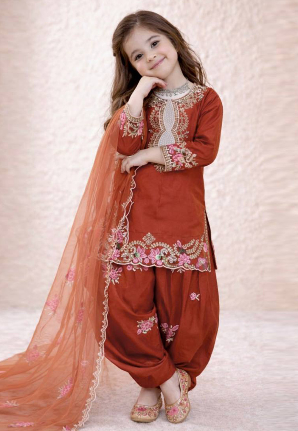 Orange Crepe Kids Punjabi Suit 327178