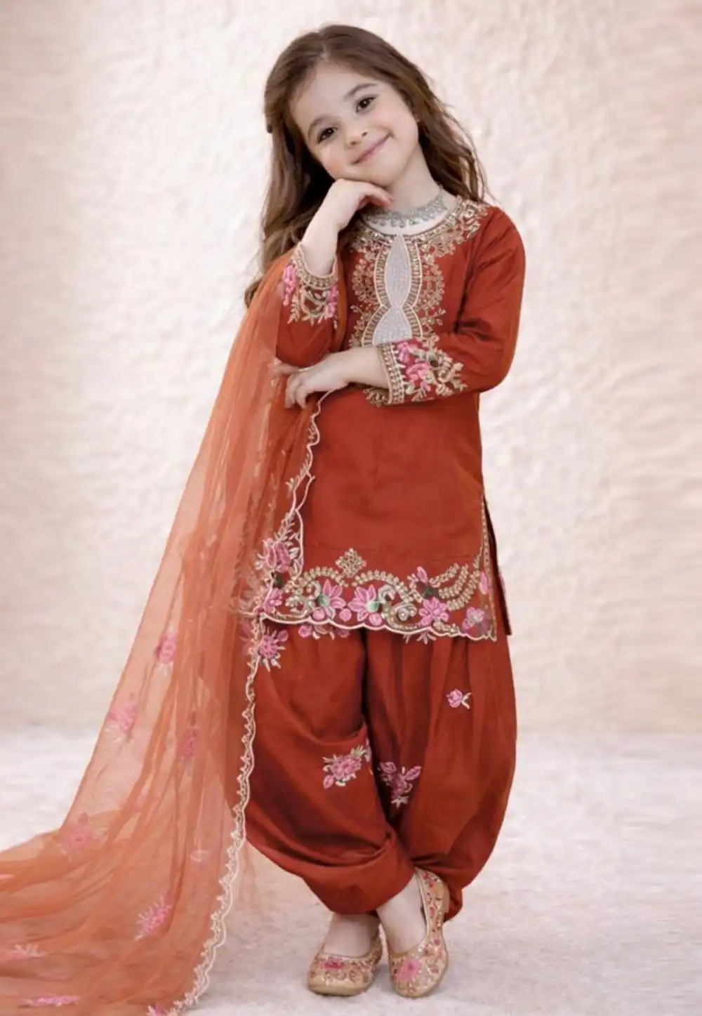 Orange Crepe Kids Punjabi Suit 327178