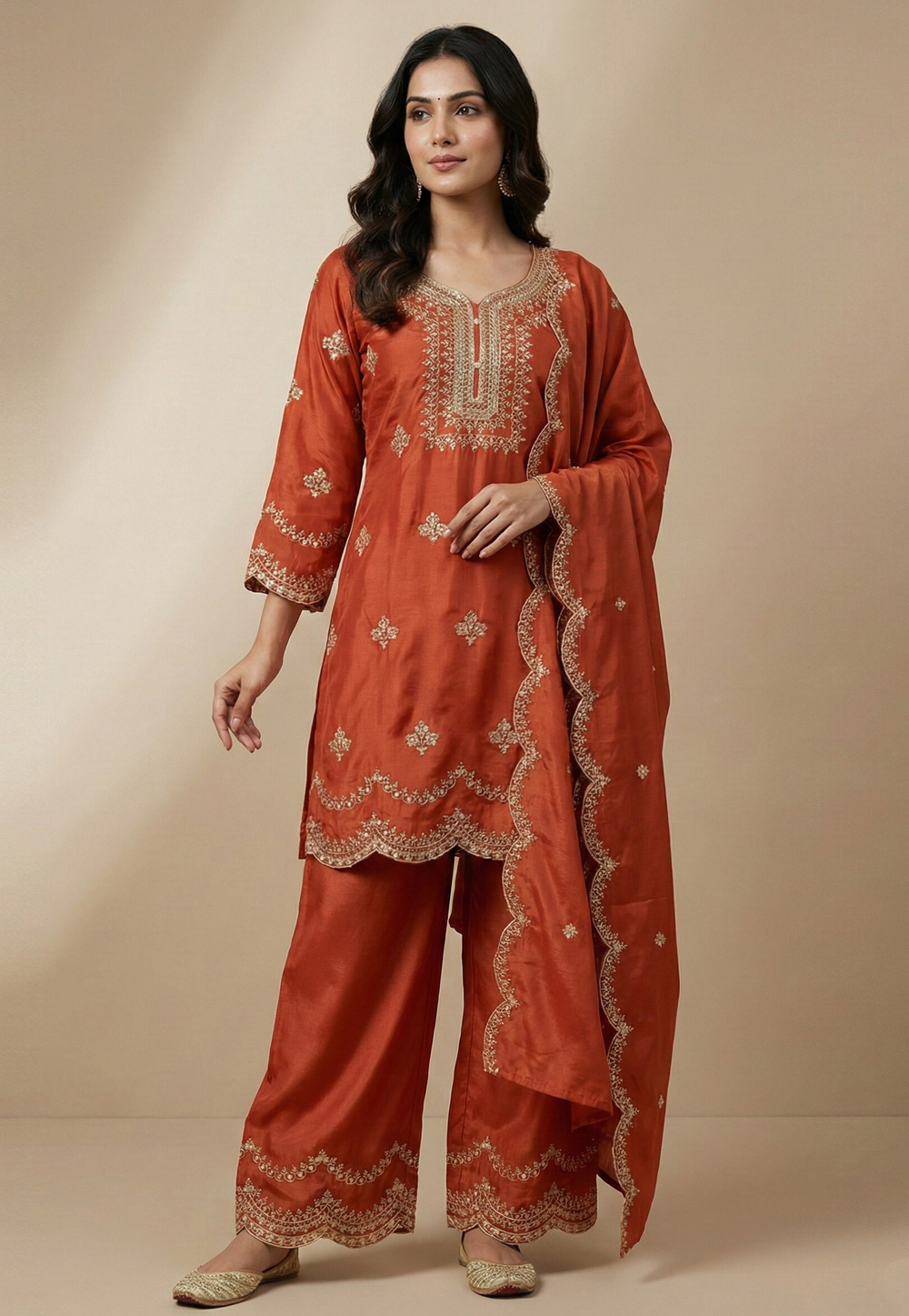 Orange Crepe Readymade Palazzo Suit 323895