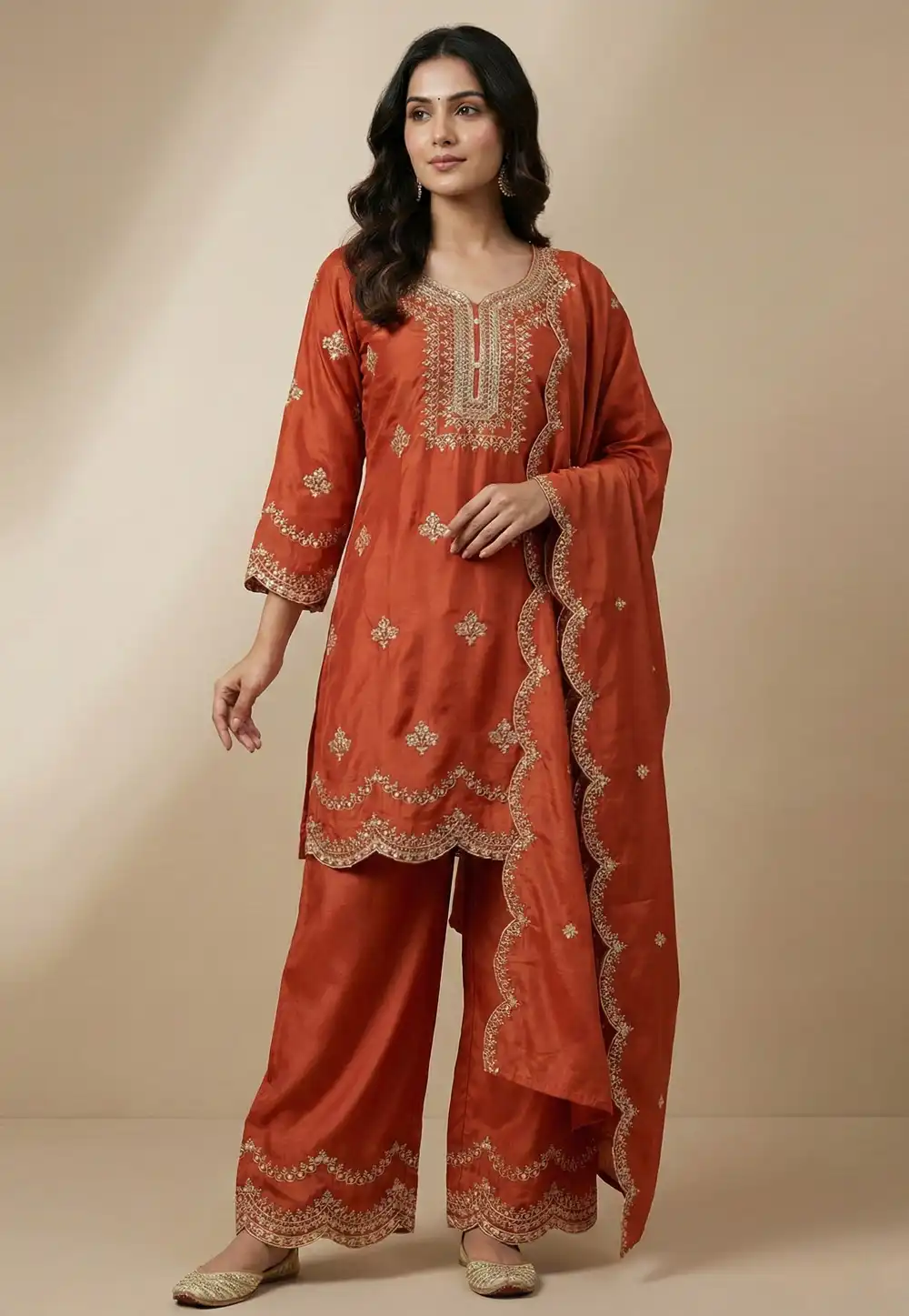 Orange Crepe Readymade Palazzo Suit 323895