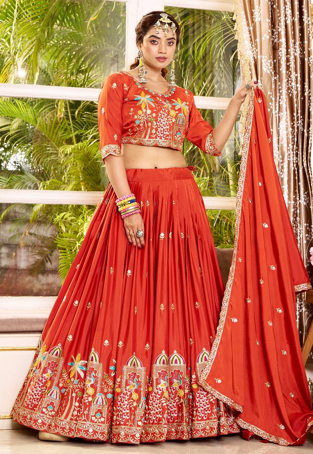 Orange Crepe Silk Circular Lehenga Choli 328999