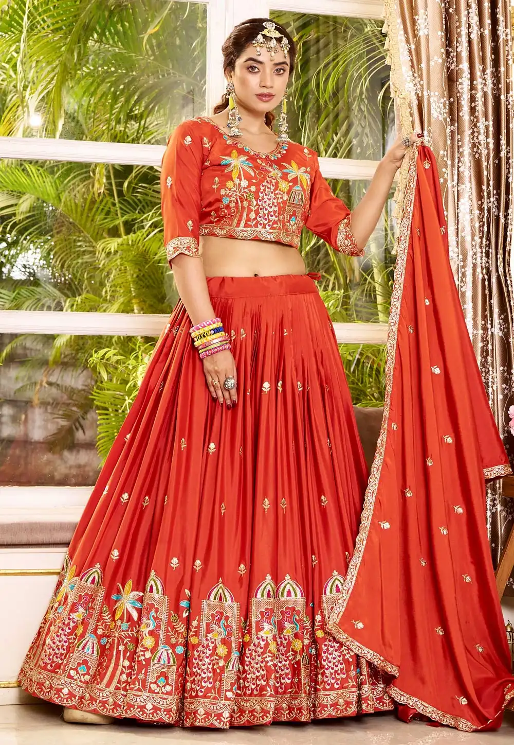 Orange Crepe Silk Circular Lehenga Choli 328999