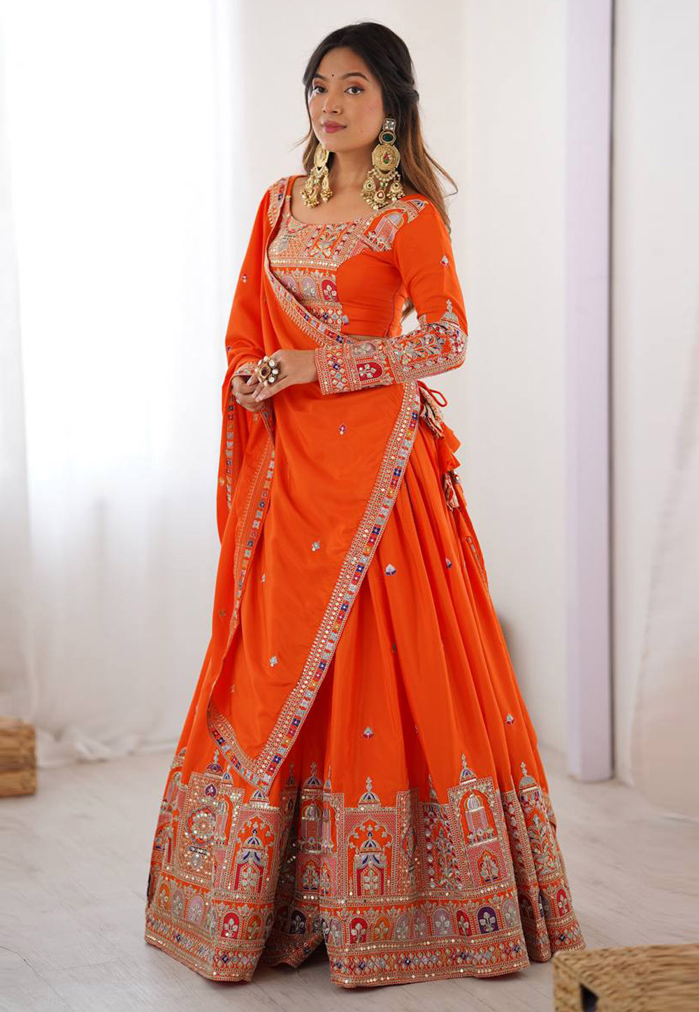 Orange Crepe Silk Circular Lehenga Choli 329207