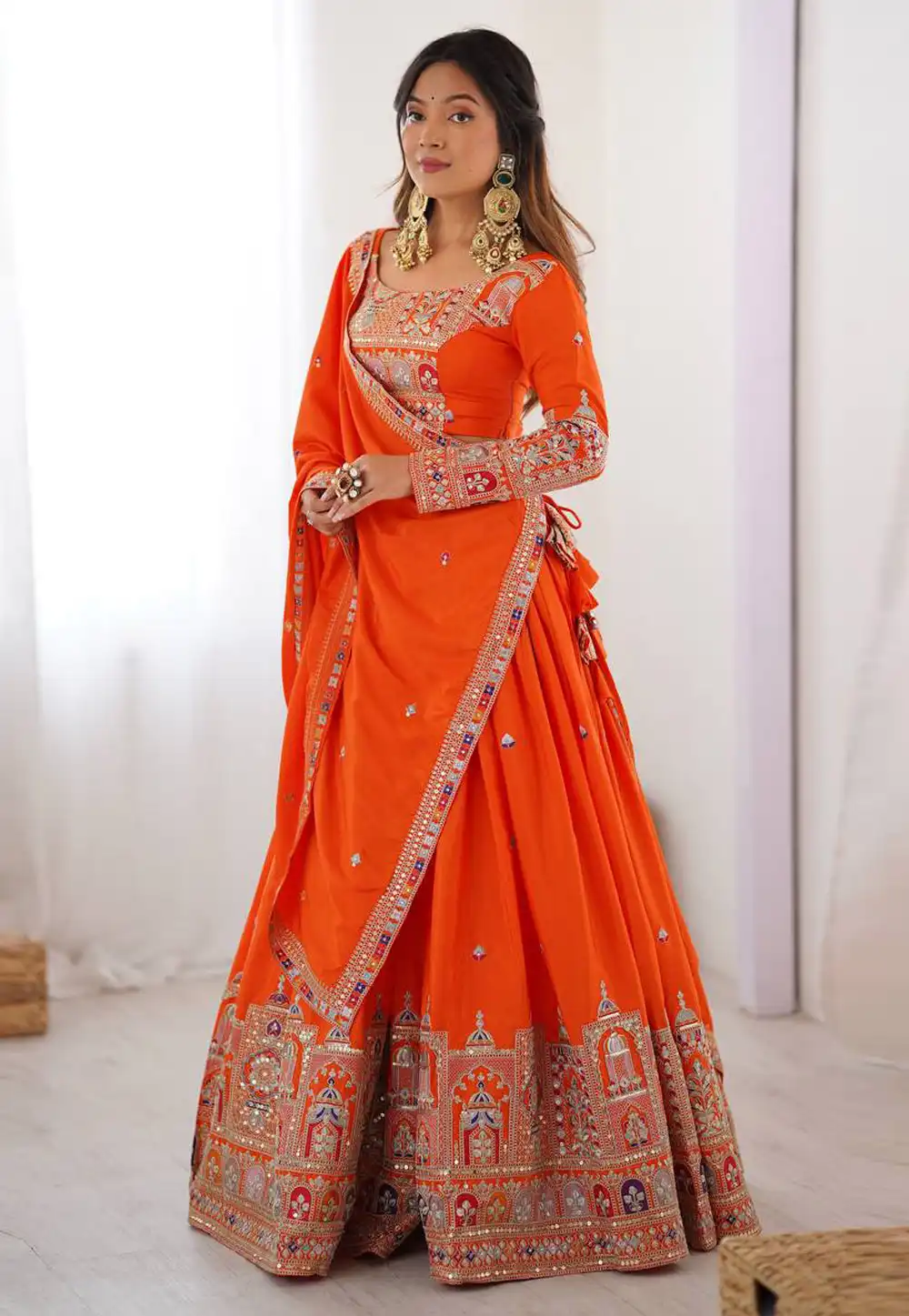 Orange Crepe Silk Circular Lehenga Choli 329207