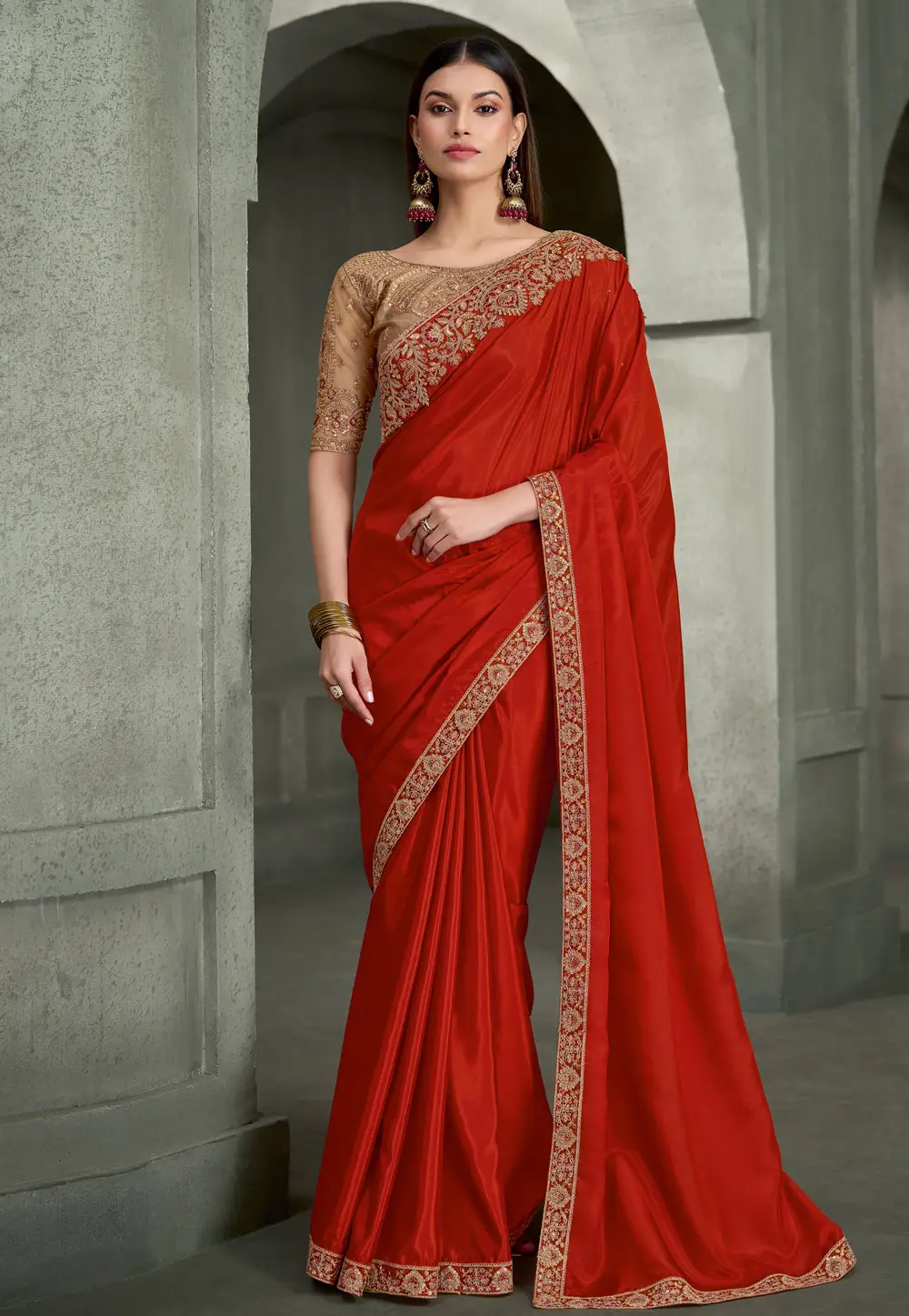 Orange Crepe Silk Saree With Blouse 335315