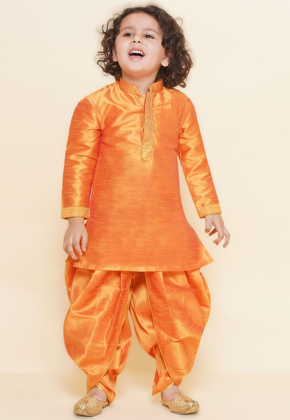 Orange Dupion Silk Kids Dhoti Kurta 312088