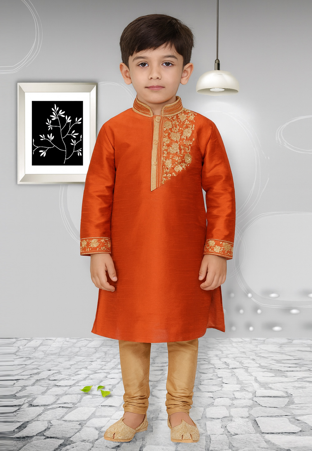 Orange Dupion Silk Kids Kurta Pajama 320825